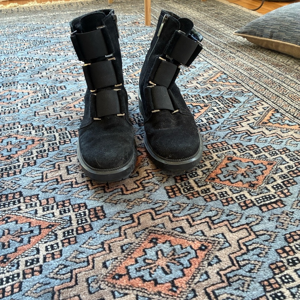 Aquatalia Suede Black Weatherproof Moto Boots with Buckle Accents